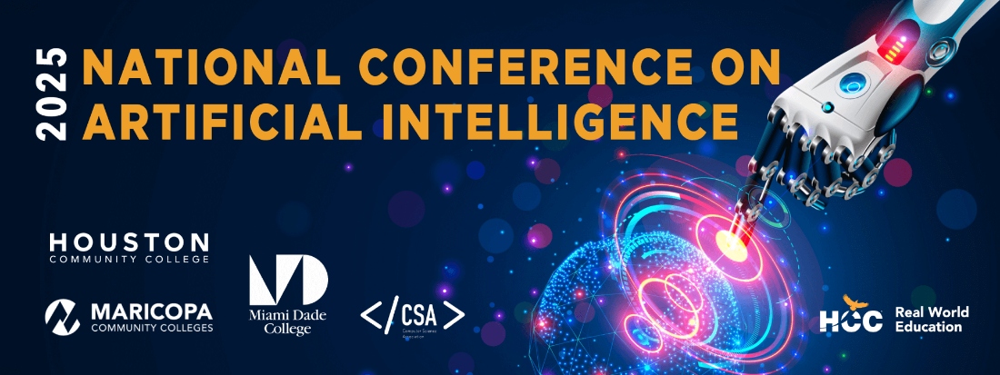 2025 National Conference on Artificial Intelligence Robotic hand Houston Community College Maricopa Community Colleges Miami Dade College  HCC Real World Education logo