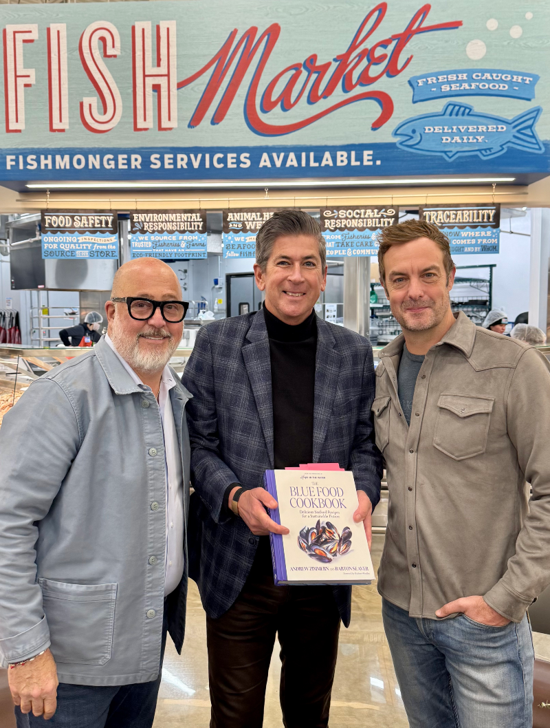 : Chefs and authors Andrew Zimmern and Barton Seaver with Todd Duplantis, interim executive director, HCC Communications & Marketing, Public Information Office.